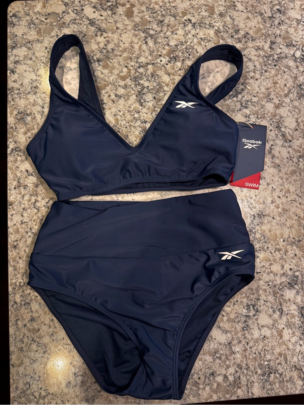 NWT Reebok Navy V-Neck Bikini Top with High-Waist Bottoms
